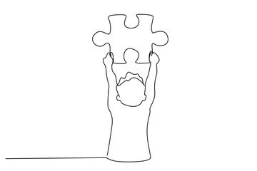 little boy holding puzzle piece new idea creating solution for problem education line art