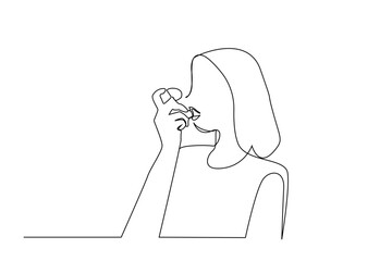 asthmatic human woman using inhaler line art - obrazy, fototapety, plakaty