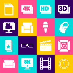 Set Old film movie countdown frame, Movie spotlight, Head with camera, Hd movie, tape,, Cinema chair, Camera and location, SD card and Microphone icon. Vector