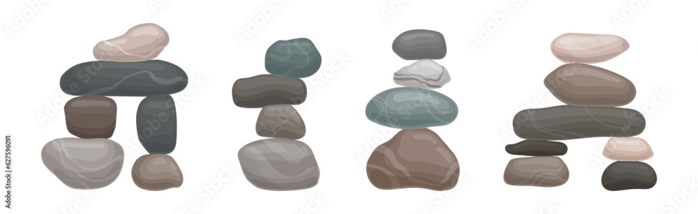 Poster smooth stones and pebbles balancing on each other creating tower vector set