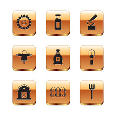 Set Sunflower, Farm house, Garden fence wooden, Pack full of seeds of plant, Scarecrow, Wooden axe, pitchfork and Bottle with milk icon. Vector