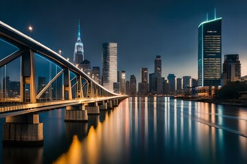 Fototapeta premium Glimmering bridge highlights urban panorama in the dark. Generative AI