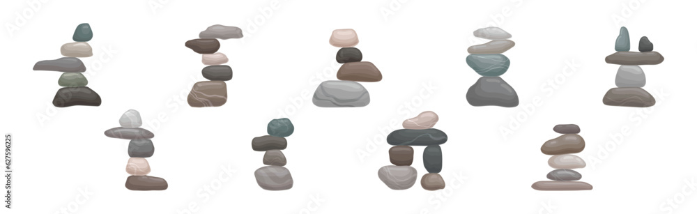 Poster smooth stones and pebbles balancing on each other creating tower vector set