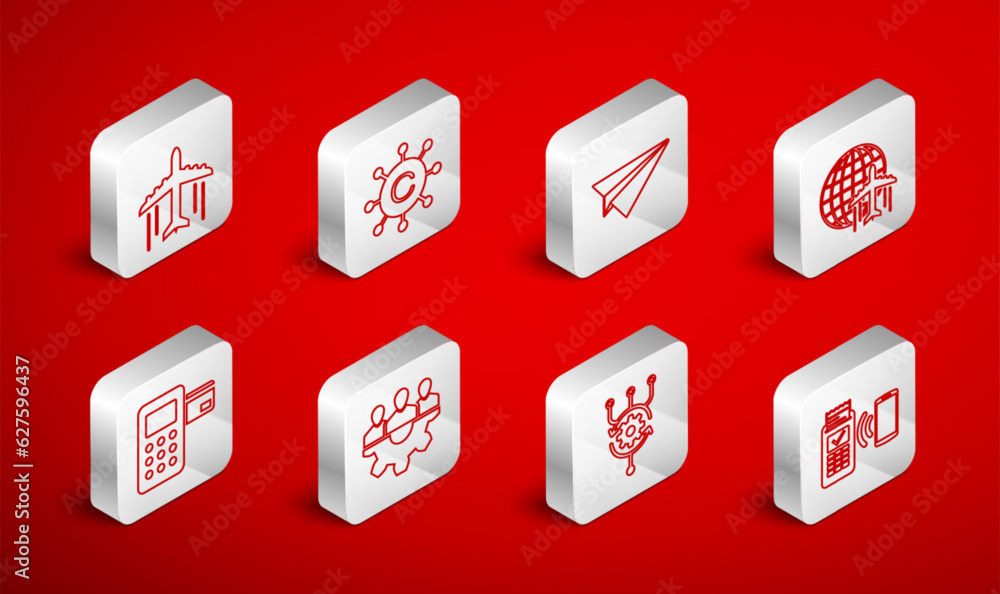 Poster set line pos terminal, copywriting network, paper plane, globe with flying, algorithm, plane, projec