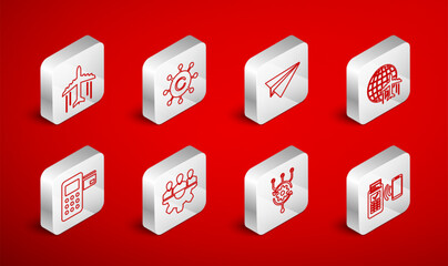 Set line POS terminal, Copywriting network, Paper plane, Globe with flying, Algorithm, Plane, Project team base and Pos icon. Vector