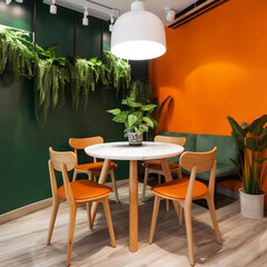 Interior design with wooden round table and chairs. Modern dining room with green and orange wall. Generative AI