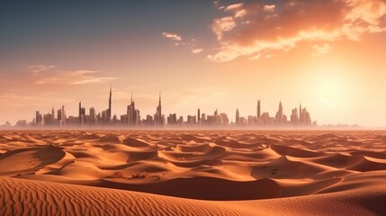 Desert in dubai city background united arab emirates beautiful sky in the morning sunrise. Generative Ai - obrazy, fototapety, plakaty