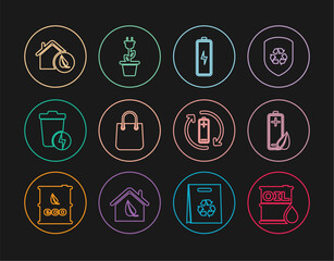 Set line Oil barrel, Eco nature leaf and battery, Battery, Shopping bag, Lightning with trash can, friendly house, recycle and Electric saving plug pot icon. Vector