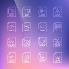 Set line AVI file document, 3DS, TXT, MAX, EML, PHP, JPG and CSS icon. Vector