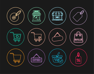 Set line Discount percent tag, Shopping bag with Sale, Online shopping, cart cursor, Refresh, Price dollar, Signboard hanging and Market store icon. Vector