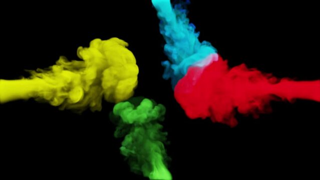 Clubs of multi-colored smoke collide from four sides on a black background. 3d illustration.