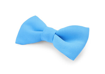Stylish light blue bow tie on white background