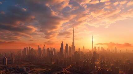 Naklejka premium Aerial view of Dubai, United Arab Emirates in near sunset. Generative Ai