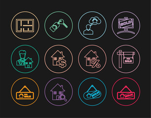 Set line Hanging sign with Sold, For Sale, Man dreaming about buying house, House dollar, Realtor, plan, percant and key icon. Vector