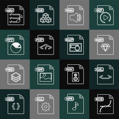 Set line SVG file document, XML, RUBY, WMA, PHP, PPT, M3U and BMP icon. Vector