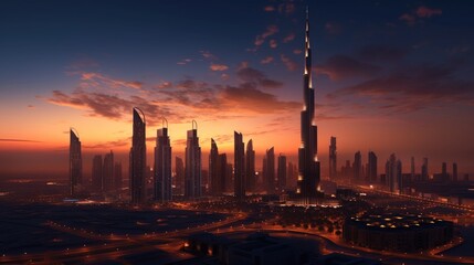 Obraz premium Aerial view of Dubai, United Arab Emirates in near sunset. Generative Ai