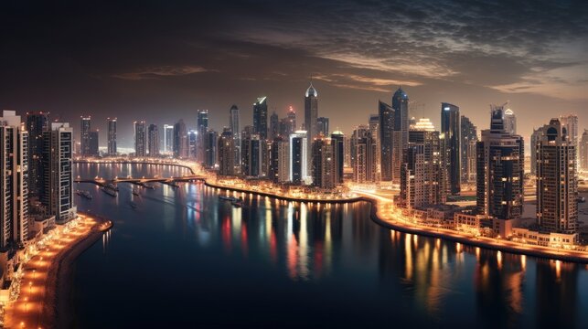 Aerial view of Dubai united arab emirates during twilight. Generative Ai