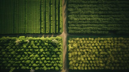 Generative AI, Farm landscape, agricultural fields, beautiful countryside, country road. Nature Illustration, photorealistic top view drone, horizontal banner..