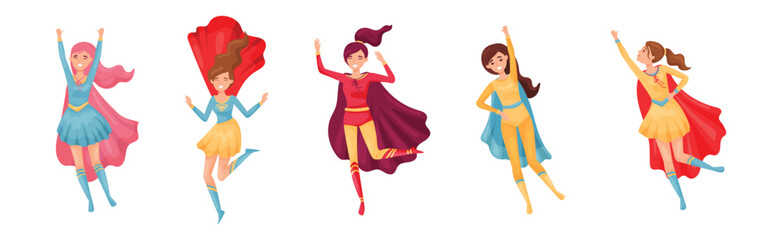 Superhero Woman Characters Wearing Cape or Cloak Vector Set