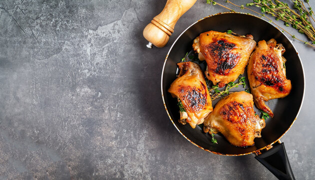 grilled chicken thighs in a frying pan with fresh thyme, view from above, flatlay, empty space