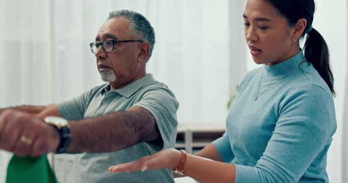 Senior care, rehabilitation and physiotherapist with old man, stretching and healthcare at nursing home. Physio, exercise and retirement, fitness coach caregiver and elderly patient mobility training
