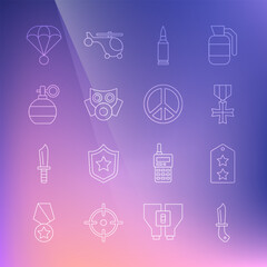 Set line Military knife, rank, reward medal, Bullet, Gas mask, Hand grenade, Parachute and Peace icon. Vector