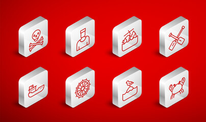 Set line Crab, Sailor captain, Sinking cruise ship, Paddle, Seagull sits on buoy, Skull crossbones, Ship steering wheel and Cargo icon. Vector