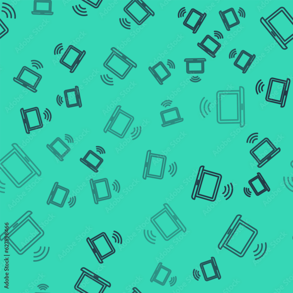 Aufkleber black line wireless laptop icon isolated seamless pattern on green background. internet of things co