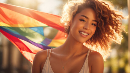 Captivating and empowering photograph of young and attractive woman with a radiant smile LGBTQ flag draped gracefully over her shoulders