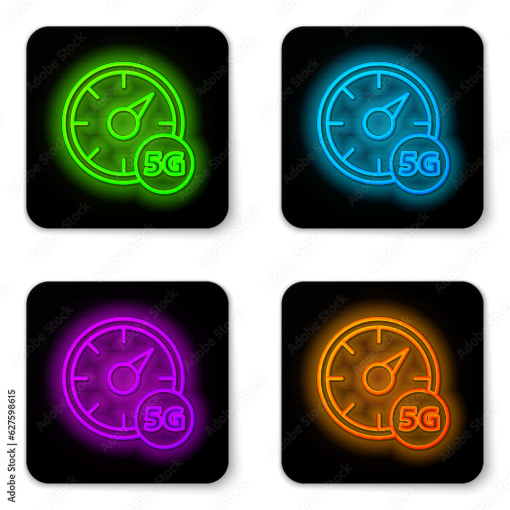 Poster glowing neon line digital speed meter concept with 5g icon isolated on white background. global netw