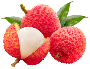 Collection of Red Lychee fruit isolated on white background, Fresh Red Lychee or Litchi Chinensis...