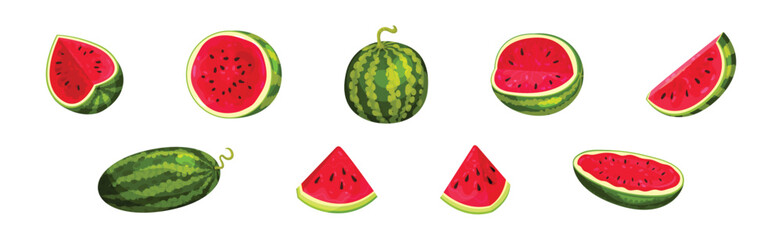 Fresh and Juicy Watermelon Fruit with Red Flesh and Black Seeds Vector Set