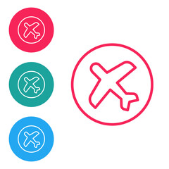 Obraz premium Red line Plane icon isolated on white background. Flying airplane icon. Airliner sign. Set icons in circle buttons. Vector
