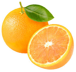 Orange with leaves isolated on white background, Orange fruit on white background PNG File.