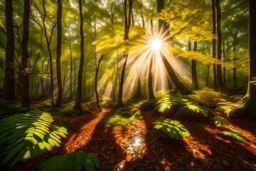 Bright sun in the lush forest. Rays of sunlight filter through the dense foliage, creating a mesmerizing play of light and shadow on the forest floor.