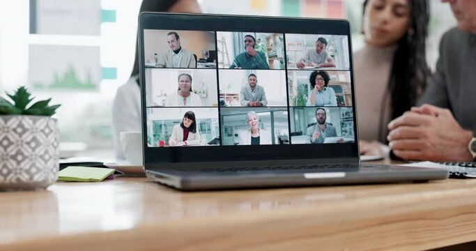 Laptop, workshop and business people in office for video call, teamwork discussion and b2b networking together. Technology, computer screen and virtual conference, men and women on online meeting.