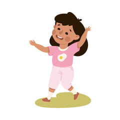 Playful Little Girl on Green Lawn Enjoying Summer Vector Illustration