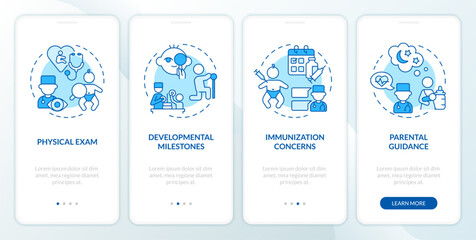 Baby doctor appointment blue onboarding mobile app screen. Check up walkthrough 4 steps editable graphic instructions with linear concepts. UI, UX, GUI template. Myriad Pro-Bold, Regular fonts used