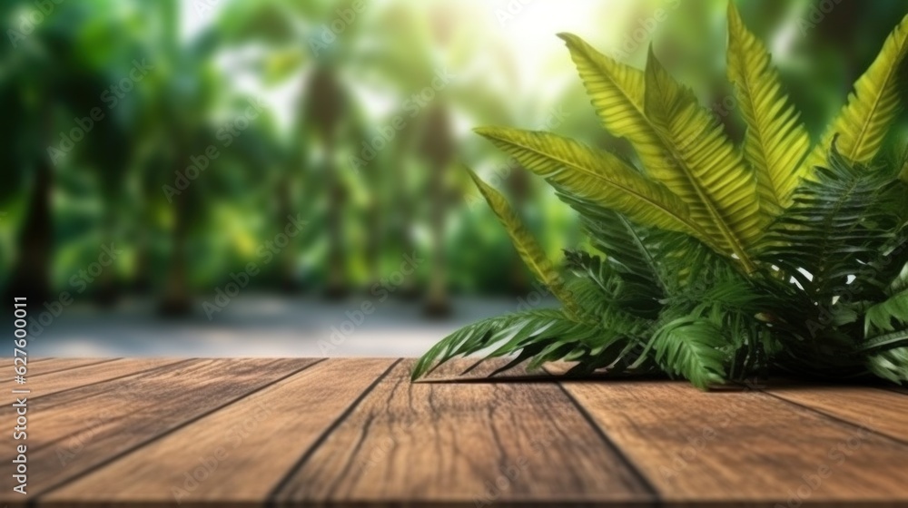 Aufkleber empty wood table top with blur jungle background with bokeh light, copy space