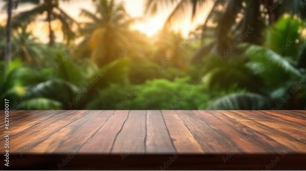 Poster empty wood table top with blur jungle background with bokeh light, copy space