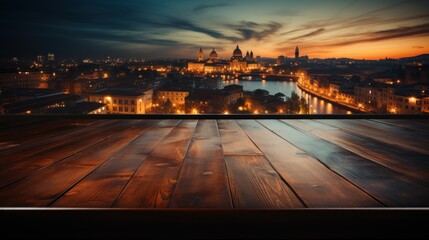 view of the town. Empty wooden table top with blurred gorgeous night view of Rome. for mounting...