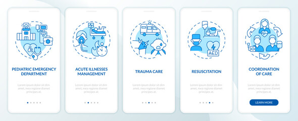 Pediatric emergency blue onboarding mobile app screen. Child hospital walkthrough 5 steps editable graphic instructions with linear concepts. UI, UX, GUI template. Myriad Pro-Bold, Regular fonts used