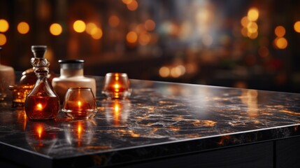 Naklejka na ściany i meble Modern empty dark marble table top or kitchen island on blurry bokeh kitchen room interior background. for montage product display.