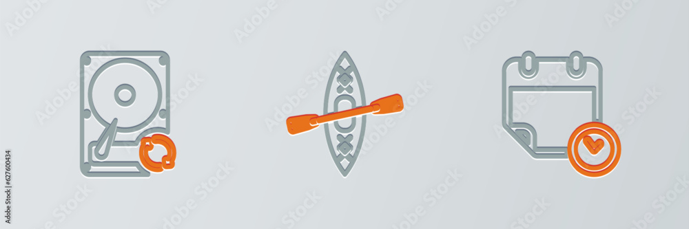 Poster set line calendar and clock, hard disk drive hdd sync refresh and kayak paddle icon. vector