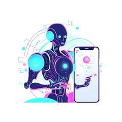 chat bot set, using and chatting artificial intelligence chat bot developed by tech company. digital chat bot, robot application, conversation assistant concept.illustration