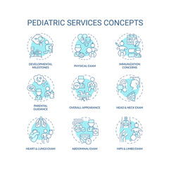 Pediatric services turquoise concept icons set. Child development. Health care. Childhood illness. Baby doctor. Childcare center idea thin line color illustrations. Isolated symbols. Editable stroke
