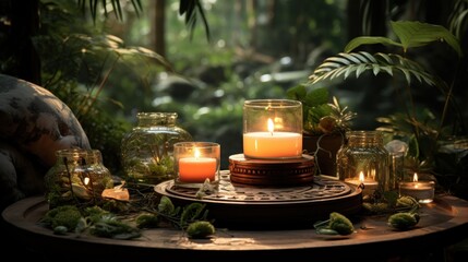 spa setting with candles. spa still life. A relaxing oasis with an aromatic diffuser and candles...