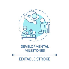 Developmental milestones turquoise concept icon. Baby development. Physical exam. Pediatric doctor. Infant care abstract idea thin line illustration. Isolated outline drawing. Editable stroke