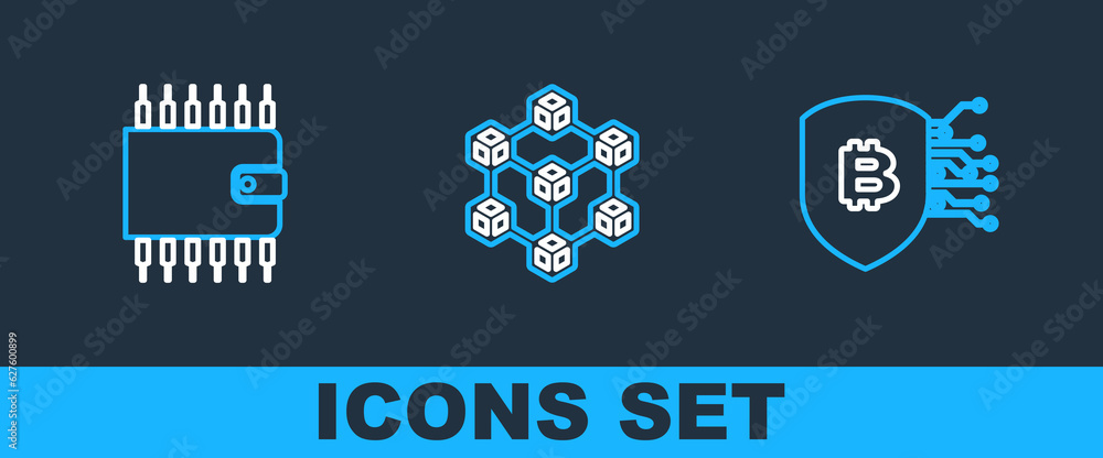 Aufkleber set line shield with bitcoin, cryptocurrency wallet and blockchain technology icon. vector