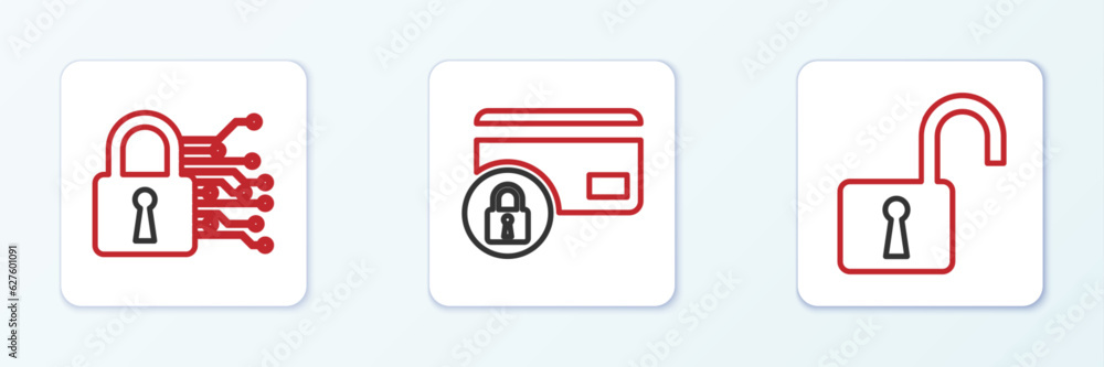 Poster set line open padlock, cyber security and credit card with icon. vector